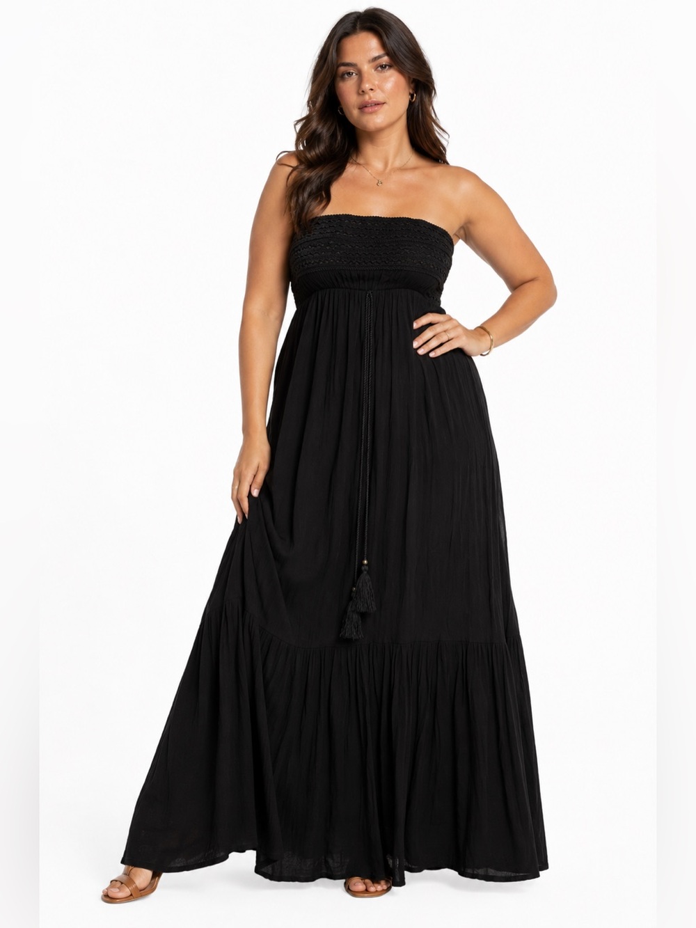Y2K Strapless Embroidered Resort Maxi Dress w Tassel Waist (Black) Size M/L